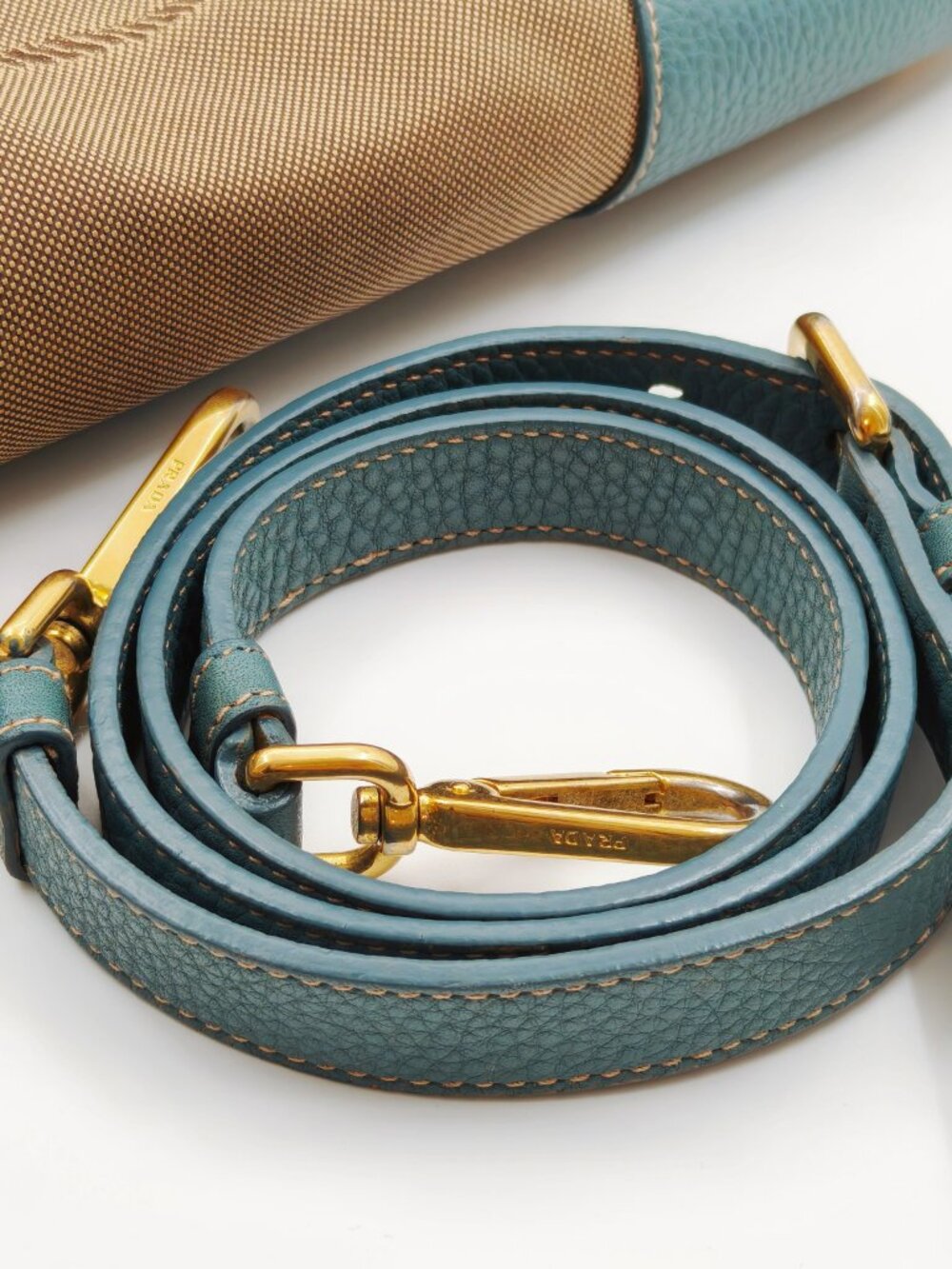 Prada Canapa Canvas Leather Boston Satchel Shoulder Bag Gray Blue - Picture 15 of 16